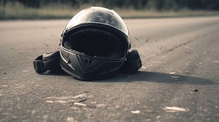 Photo of helmet and motorcycle on the road, the concept of road accidents, Generative AI