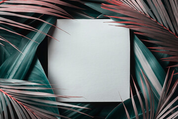  Creative natural tropical leaf layout with a white square card.