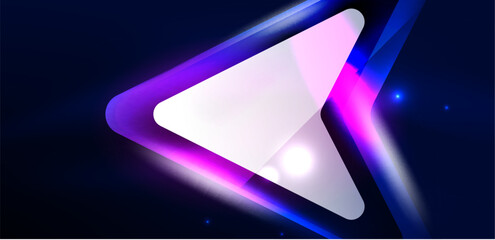 Neon speed arrow and line shapes background. Hi-tech concept with shiny backdrop. Bright flare light effect in the dark