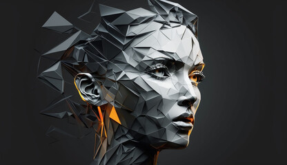 Abstract polygonal woman human face, 3d illustration of a cyborg head construction, artificial intelligence concept