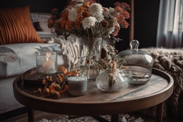 Boho style living room table with glass glasses and fluffy flowers in a vase. Generative AI