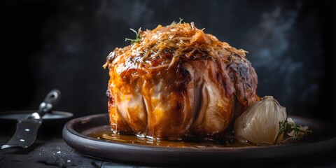 Hearty Meal: An Appetizing Photo of Roasted Pork Knuckle and Sauerkraut on a Blue Table - obrazy, fototapety, plakaty