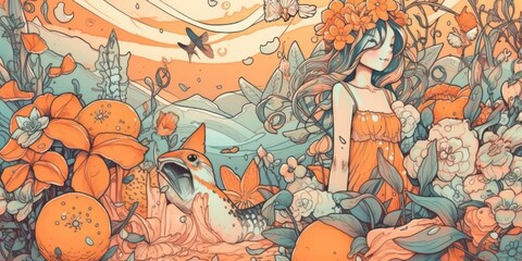 Obraz premium A paint of Beautiful Woman and Floral Elements in Orange colors.