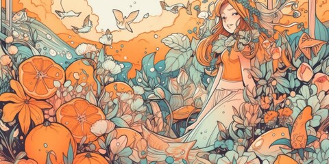 A paint of Beautiful Woman and Floral Elements in Orange colors.