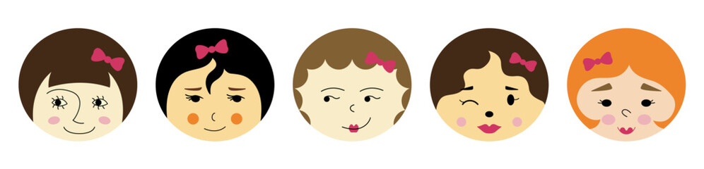 Feminine look, abstract personage, mascot design, funny face, cute icon.