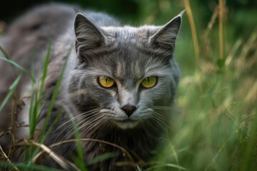 Naklejka na ściany i meble On a hot summer day, a gray cat travels through the grass. A fluffy gray cat goes for a walk in this portrait. Generative AI