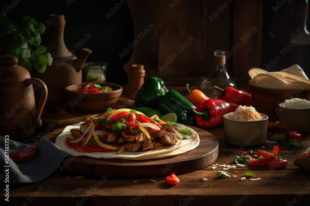 Wall mural Pork fajitas with onions and colored pepper served with tortill in the wood plate in Mexico, in professional background generative AI. - Wall murals