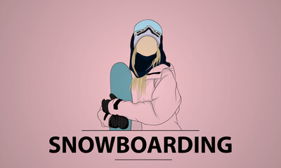 A girl holds a snowboard, wallpaper. Emblem, logo.