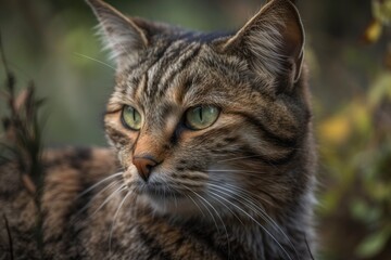 A distinguished and stunning cat with brown hair, spots, and green eyes was standing. Generative AI