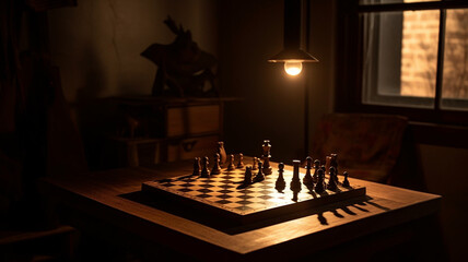 chess board in a dim lit room