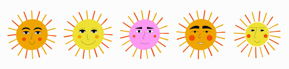 Smiling sun, abstract personage, mascot design, funny face, cute icon.