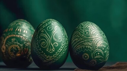 Obraz na płótnie Canvas Painted easter eggs on a rich green background