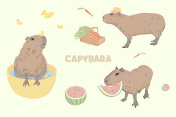 Cute set of stickers, vector illustrations of capybaras enjoying life, taking a bath, farmer capybaras and capybaras eating watermelon