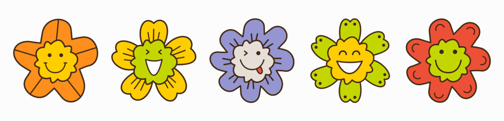 Smiling flower, abstract personage, mascot design, funny face, cute icon.