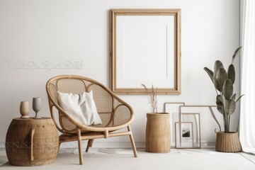 Mock up frame in white room with natural wood furnishings,. Generative AI