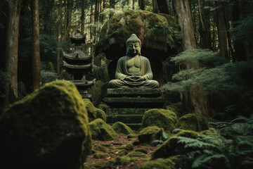 Green golden Buddha statue sits on the rock pile among forest trees. Mystical forest landscape with traditional japanese pagoda. Zen landscape. Japanese temple in the forest, generative AI