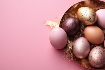 colorful basket filled with a variety of Easter eggs. Generative AI