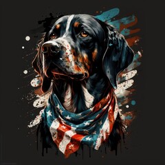 Dog portrait with american flag on black background. Generative AI illustration.