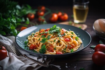 Realistic spaghetti with vegetable on plate