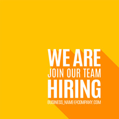 We Are Hiring and long shadow. Isolated Object. White on Yellow and Orange colors design. The business concept of search and recruitment, Template Text Box Design. Vector Illustration.