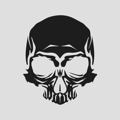 A painted image of a human skull. Cartoon style. isolated object. Monochrome image. Black and white chopped outline style. Vector illustration.
