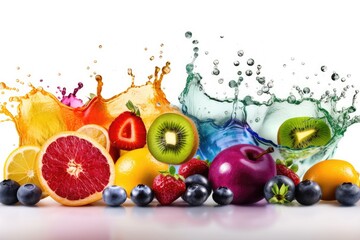 Fruit collection with rainbow colored juice splashes and slices, representing a healthy food and beverage concept, isolated on a white backdrop. Generative AI