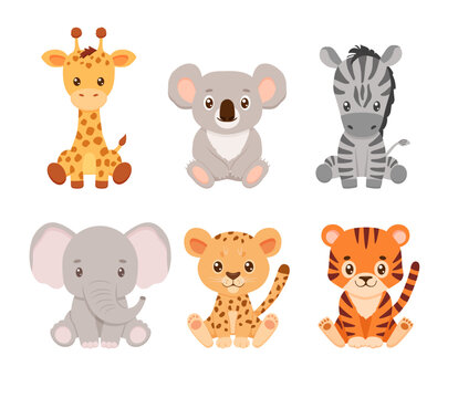 Cute tiger, elephant, giraffe, koala and cheetah,collection in cartoon style. Drawing african animals isolated on white.