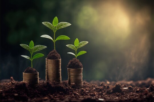 Saving concept by growing plants on coin stack isolated on blur landscape background. Theme of glowing young plant from seed in the forest. Finest generative AI.
