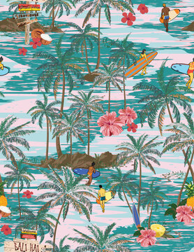 Hand Draw Art Summer Tropical Palm Tree Island With Hawaii Islanders Surf Activity, Car and Spring Floral Seamless Pattern On Light Yellow Background