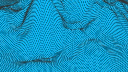 Foto op Plexiglas Abstract rocky hills in the ocean wireframe background. 3D grid technology illustration landscape. Digital Terrain Cyberspace in Mountains with valleys. Data Array. Blue on Black. Vector Illustration. © Theus