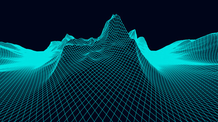 Abstract rocky hills in the ocean wireframe background. 3D grid technology illustration landscape. Digital Terrain Cyberspace in Mountains with valleys. Data Array. Blue on Black. Vector Illustration.
