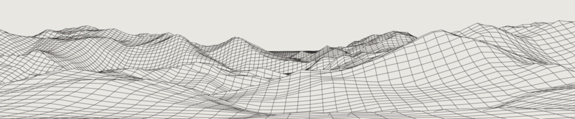 Abstract gentle hills in wireframe strokes. 3D grid technology illustration landscape. Digital Terrain Cyberspace in Mountains with valleys. Ultra Wide Size. Black on Gray. Vector - obrazy, fototapety, plakaty