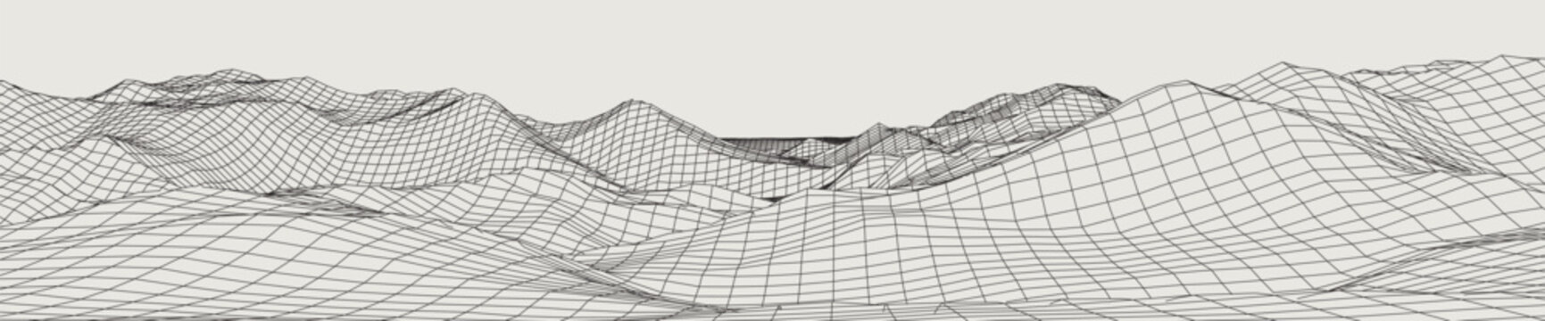 Abstract gentle hills in wireframe strokes. 3D grid technology illustration landscape. Digital Terrain Cyberspace in Mountains with valleys. Ultra Wide Size. Black on Gray. Vector