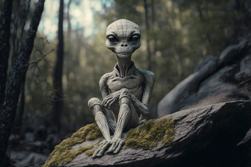 Fototapeta na wymiar alien sitting on a rock in a forest, Generative AI 