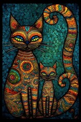 Cute cat family illustration. painting style illustration. children's fairy tale illustration.