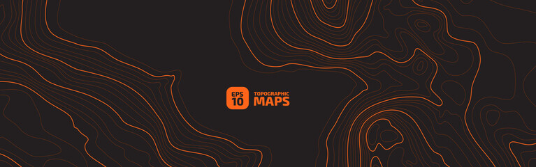 The stylized height of the topographic map contour in lines and contours. The concept of a conditional geography scheme and the terrain path. Orange on black. Ultra wide size. Vector illustration.