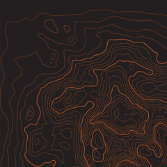 The stylized height of the topographic map contour in lines and contours. The concept of a conditional geography scheme and the terrain path. Orange on black. 1x1 size. Vector illustration.