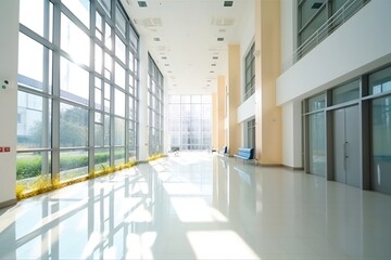 Modern office building interior created with Generative AI technology. Hospital hall interior with big windows