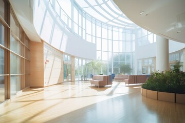 Fototapeta premium Modern office building interior created with Generative AI technology. Hospital hall interior with big windows and sofas