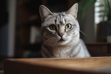 Adorable Face of a Cat. Closeup Shot with blur home Background