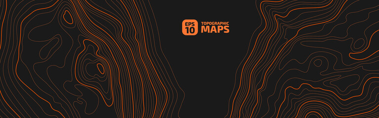 The stylized height of the topographic map contour in lines and contours. The concept of a conditional geography scheme and the terrain path. Orange on black. Wide size. Vector illustration.