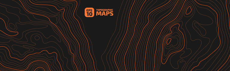 The stylized height of the topographic map contour in lines and contours. The concept of a conditional geography scheme and the terrain path. Orange on black. Wide size. Vector illustration.