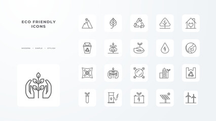 Eco friendly icons collection with black outline style. ecology, nature, leaf, green, environment, recycle, natural. Vector illustration
