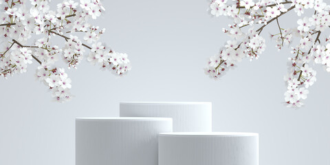 3d podium white cherry blossom background. japanese style 3D background for product presentation. 3d rendering illustration.