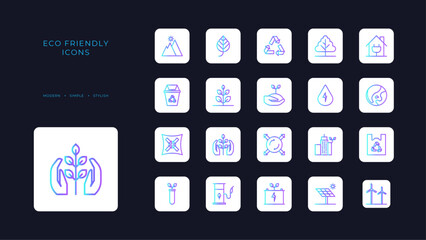 Eco friendly icons collection with blue duotone style. ecology, nature, leaf, green, environment, recycle, natural. Vector illustration