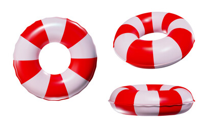 rendering of a red and white lifebuoy or inflatable ring from different angles. vector illustration in 3d style - obrazy, fototapety, plakaty