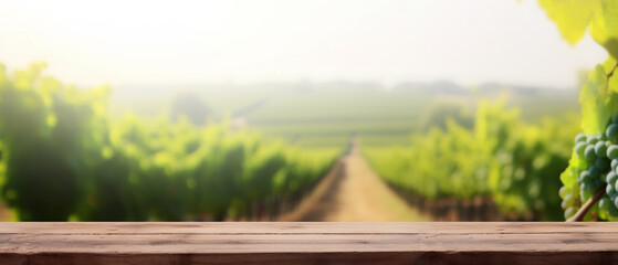 generative AI. Summer Vineyard Vibes: Empty Wooden Table Surrounded by Grapes and Blurred Background