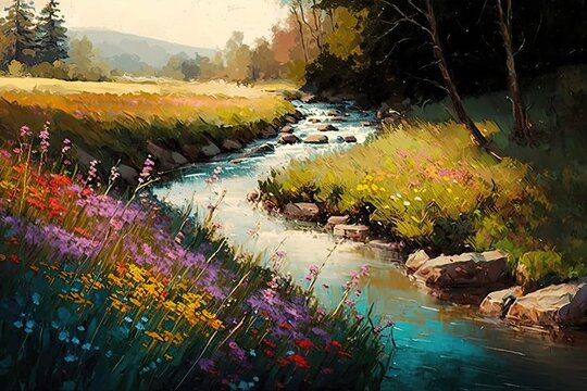 Impressionist river landscape in a spring meadow. Babbling brook oil painting