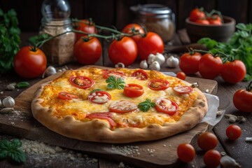 Pizza with cheese and tomatoes close up with components on a wooden background. Generative AI