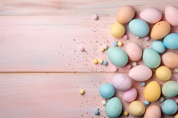 Naklejka na ściany i meble colorful Easter eggs arranged on a rustic wooden table. Generative AI